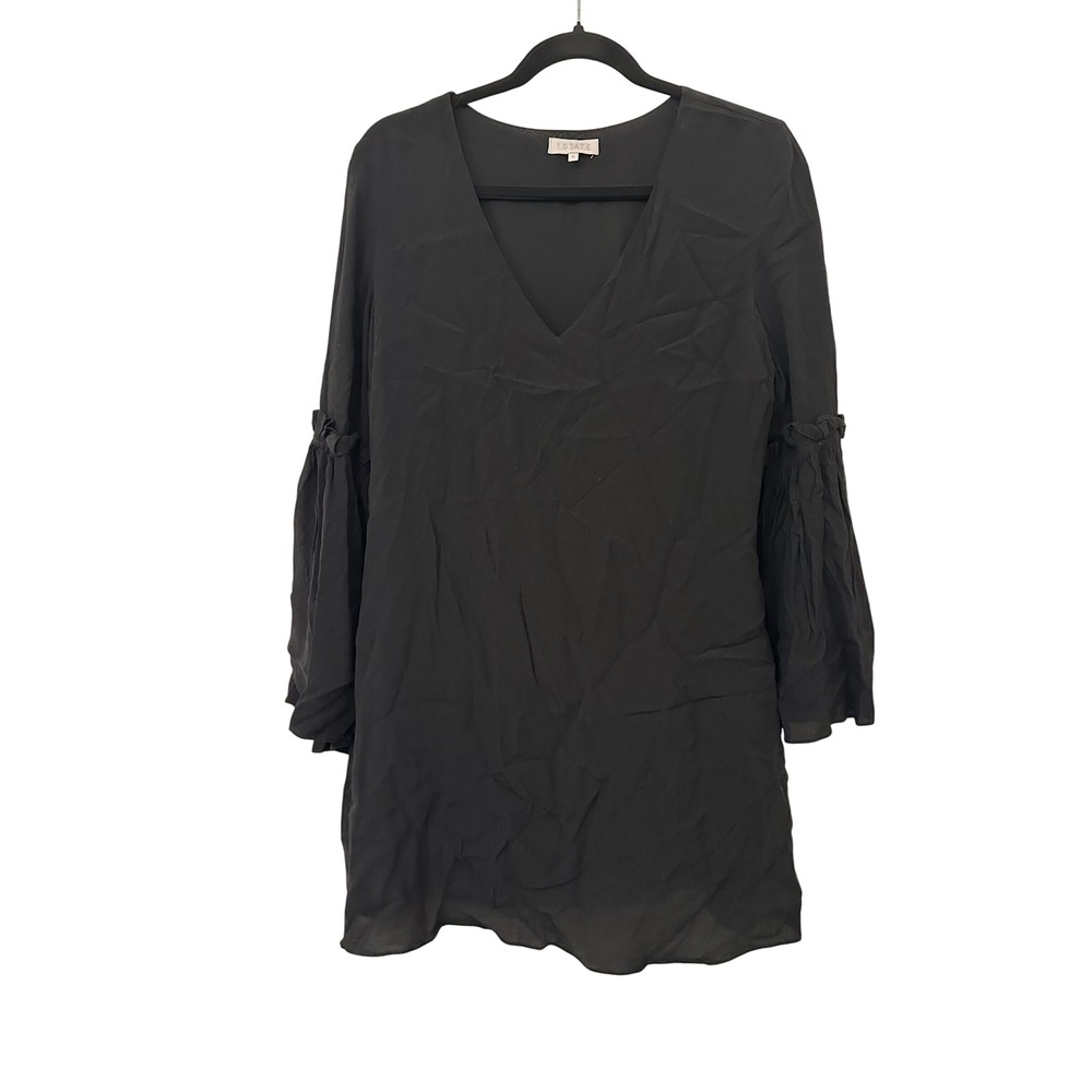 1.STATE Women Black V-Neck Bell Sleeve Ruffle Mini Dress Size S Minimal Capsule
